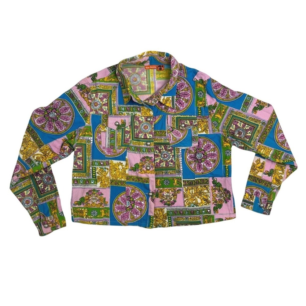 Vintage New Identity Womens XL Baroque Print Sequin Cropped Cotton Jacket‎
